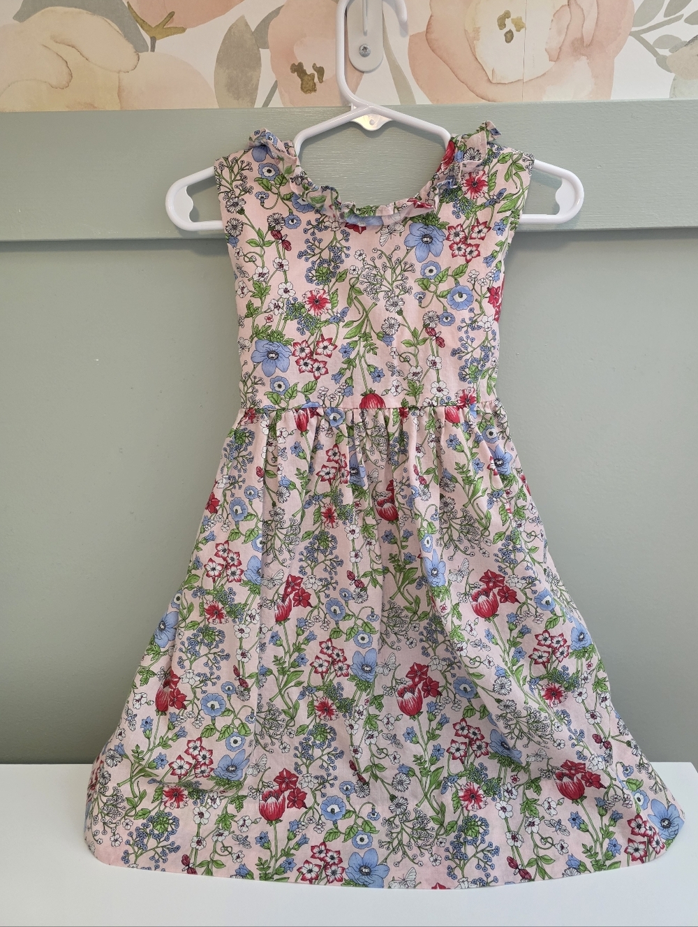 Little English Pink Floral Cotton Dress with Blue & Red Blooms 4t Smocked